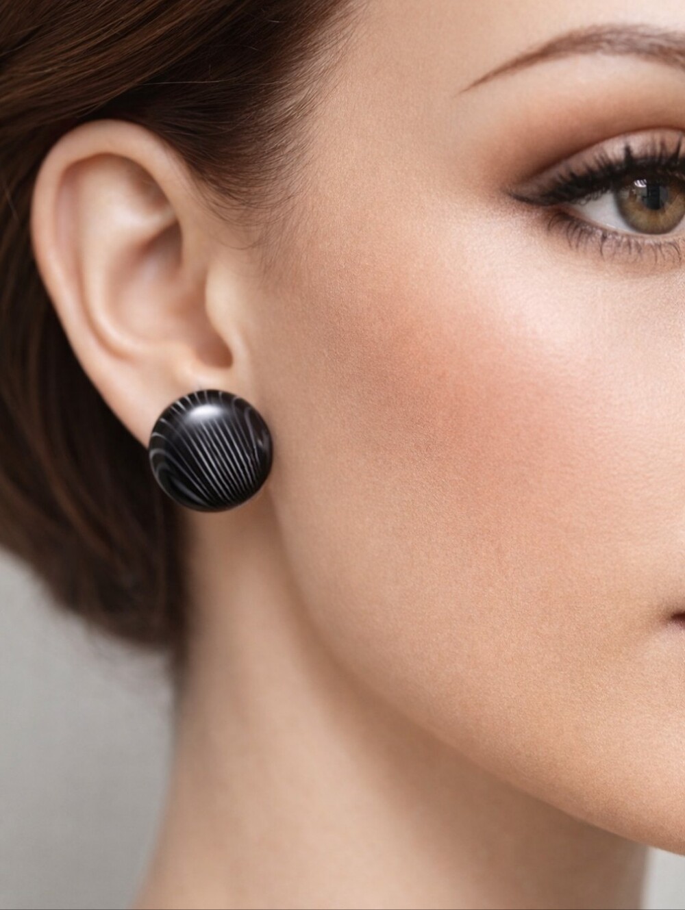 Women's Ceramic Black Circle Stud Earrings with Silver Color Stripes 1-inch